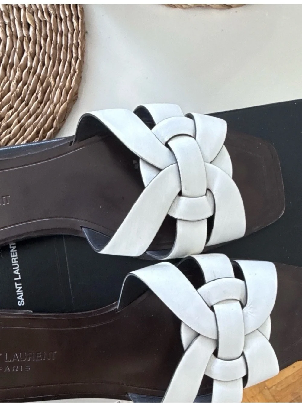 Saint Laurent White Knotted Leather Slide Mules